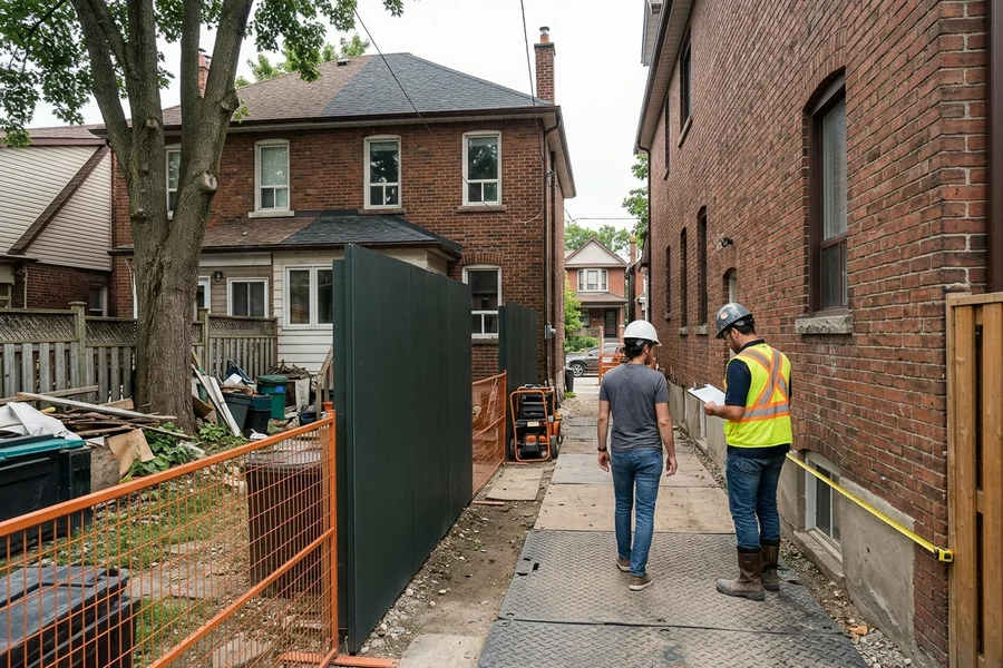 Engineer and homeowner walking a Toronto backyard during a site visit