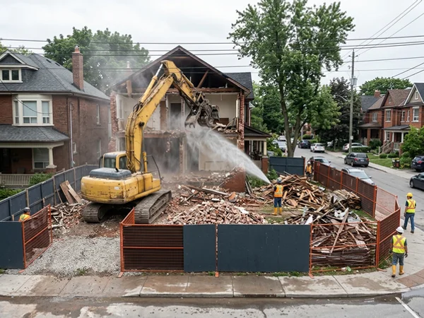 Excavator demolishing a house with dust control and sorted debris