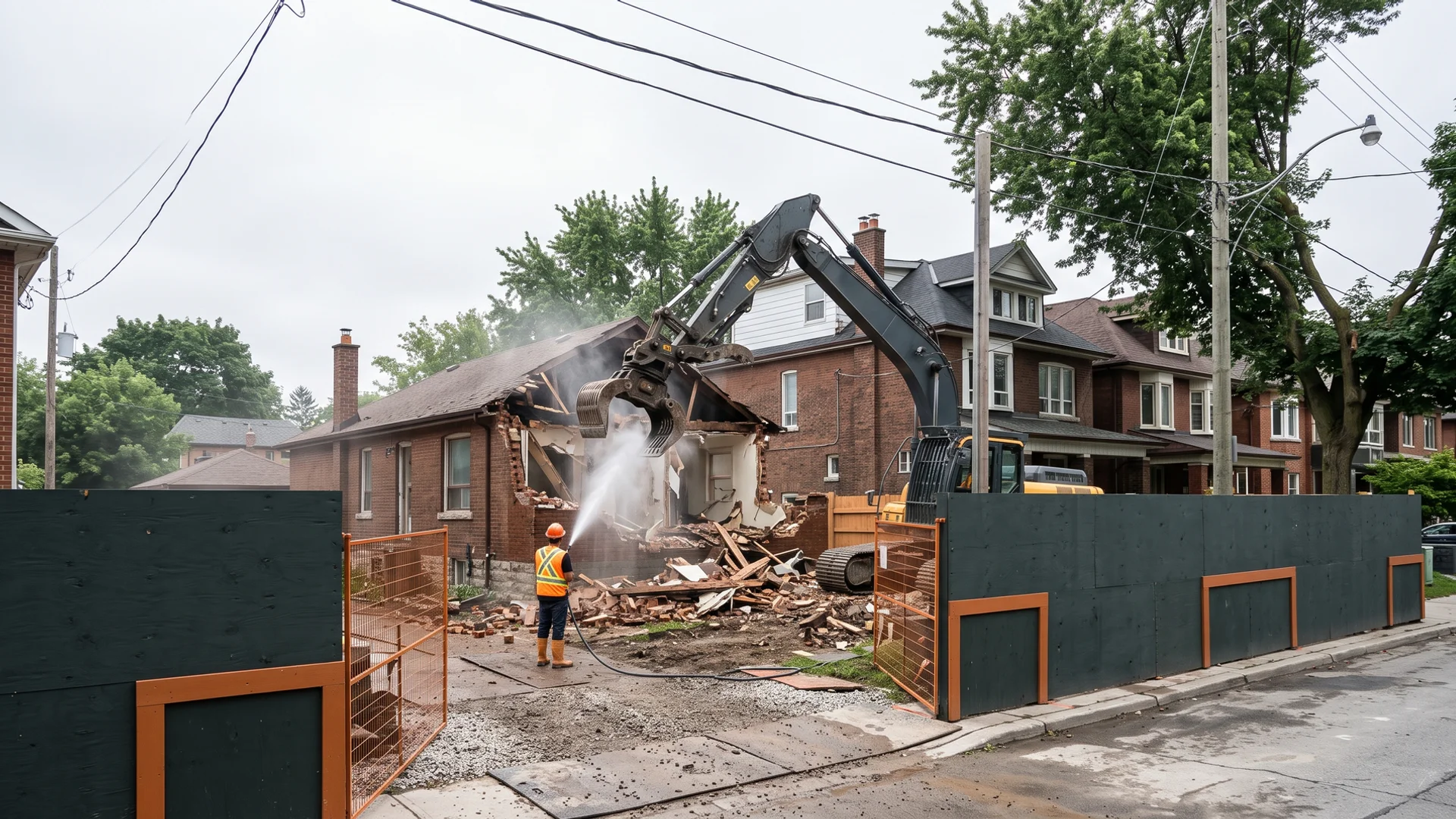 Excavator demolishing an old brick bungalow in Toronto with water spray for dust control