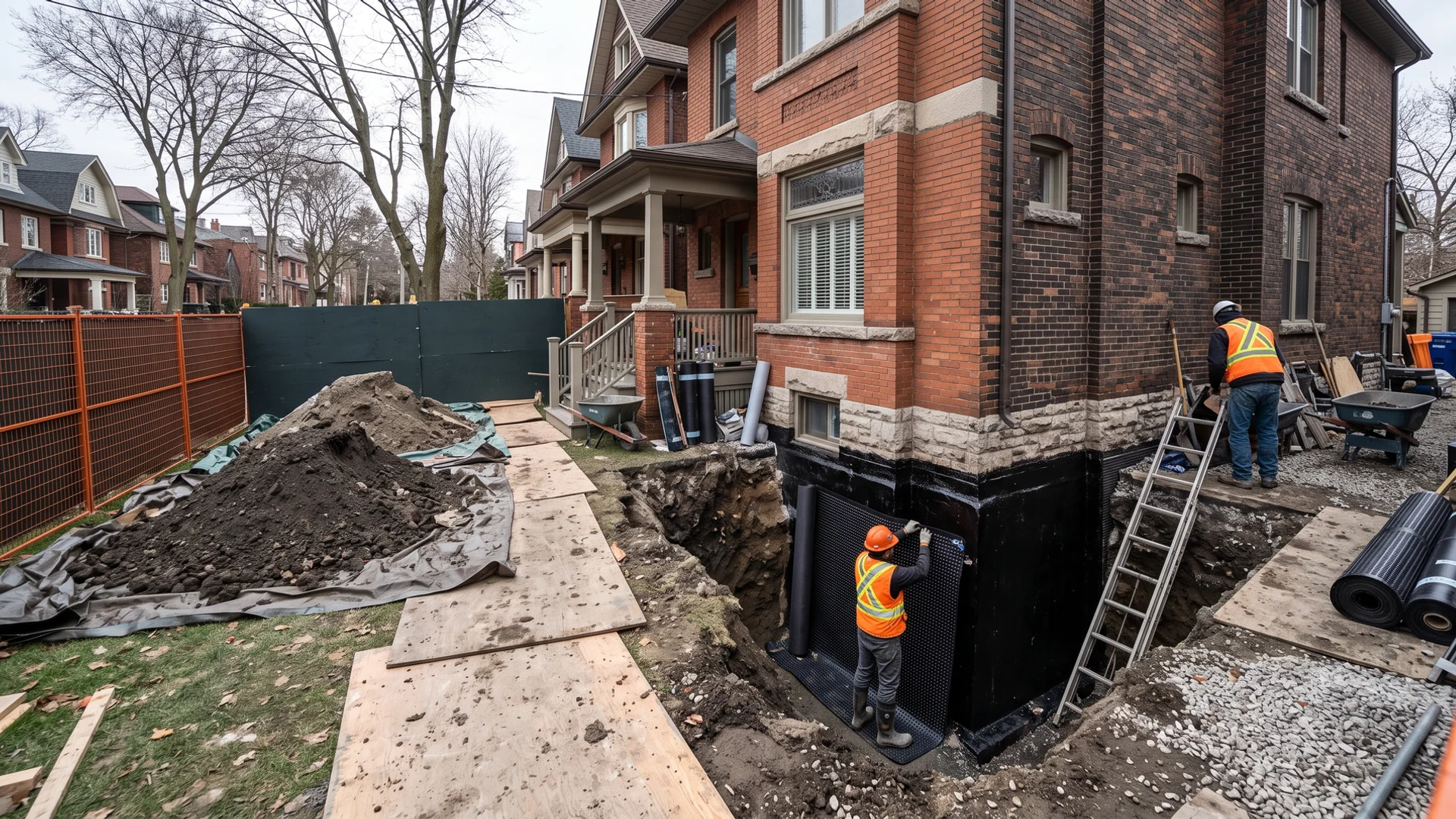 Exterior basement waterproofing on a Toronto house with membrane and dimple board on the foundation wall