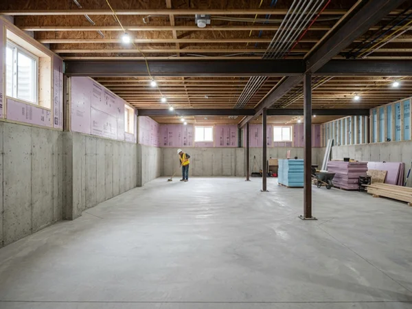 Finished underpinned basement with a 9 ft 4 in ceiling and new slab