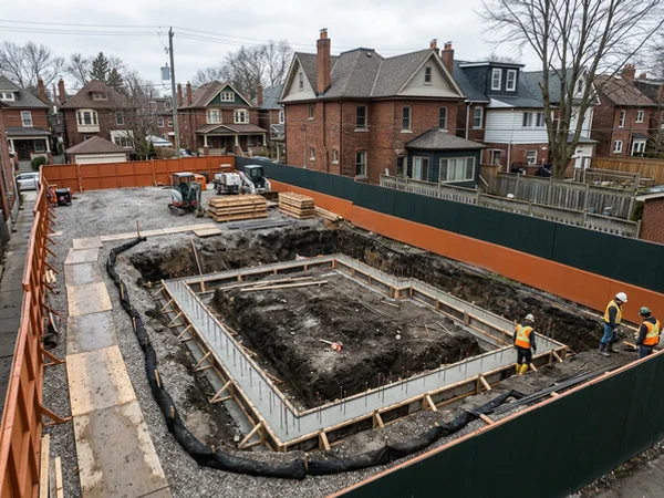 Poured footings in a completed foundation excavation