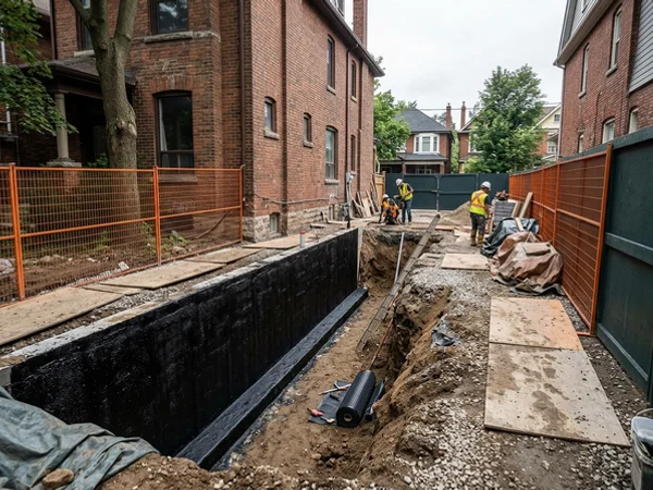 Foundation wall parged and coated with waterproof membrane