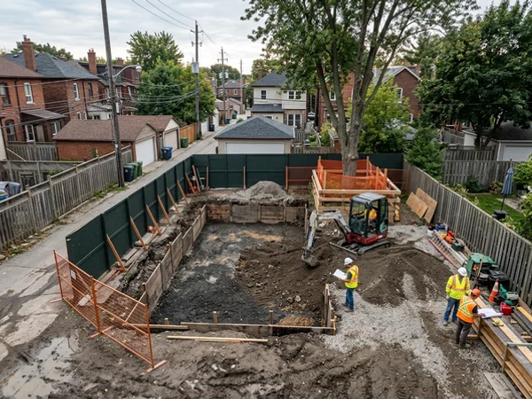 Garden suite pad excavation with tree protection fencing