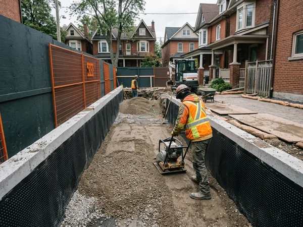 Granular backfill being compacted against new foundation walls