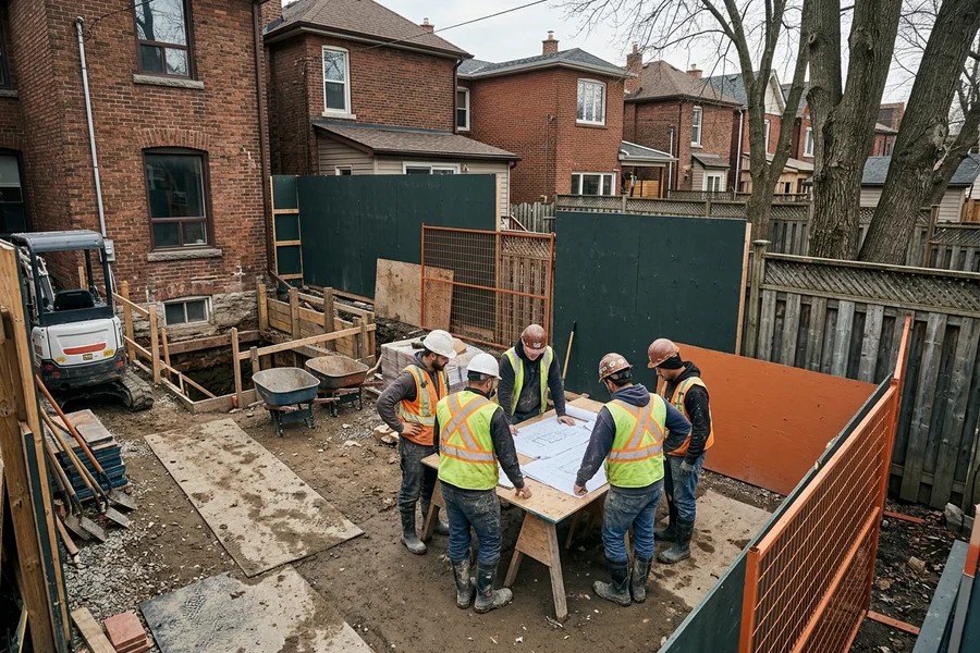Excavation and underpinning crew reviewing the day plan around stamped drawings