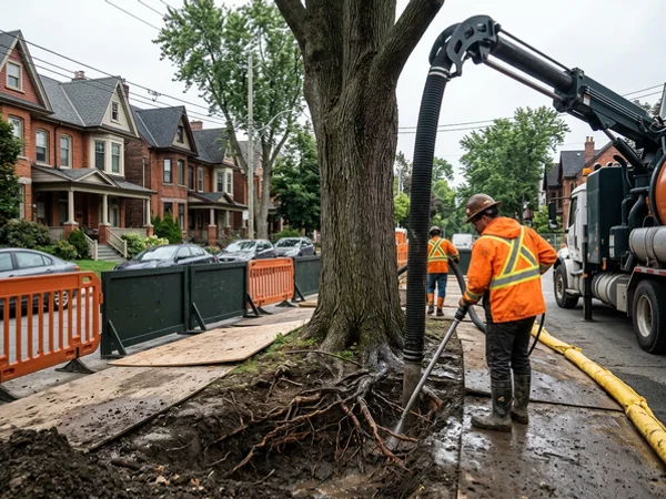 Hydrovac exposing tree roots without damage