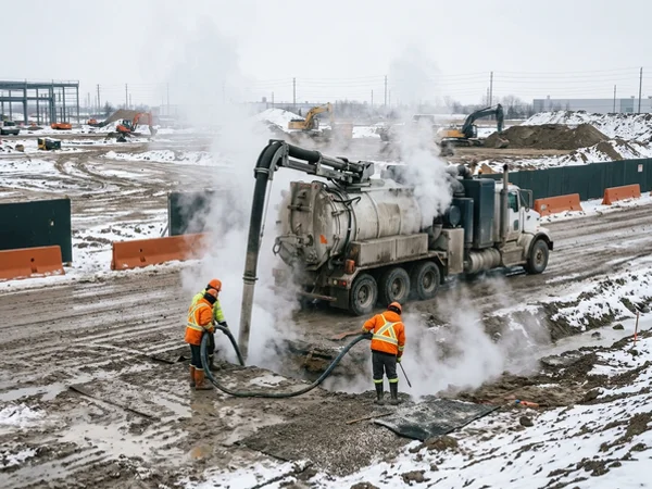 Hydrovac working in winter with heated water on an industrial site