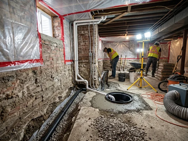 Interior perimeter drain and new sump basin in a basement