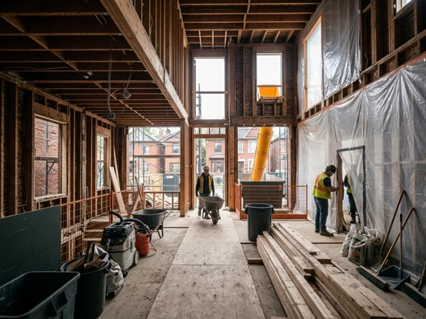 Interior demolition stripped to studs with dust barriers