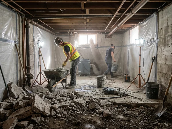 Old basement slab being broken out before a dig-out