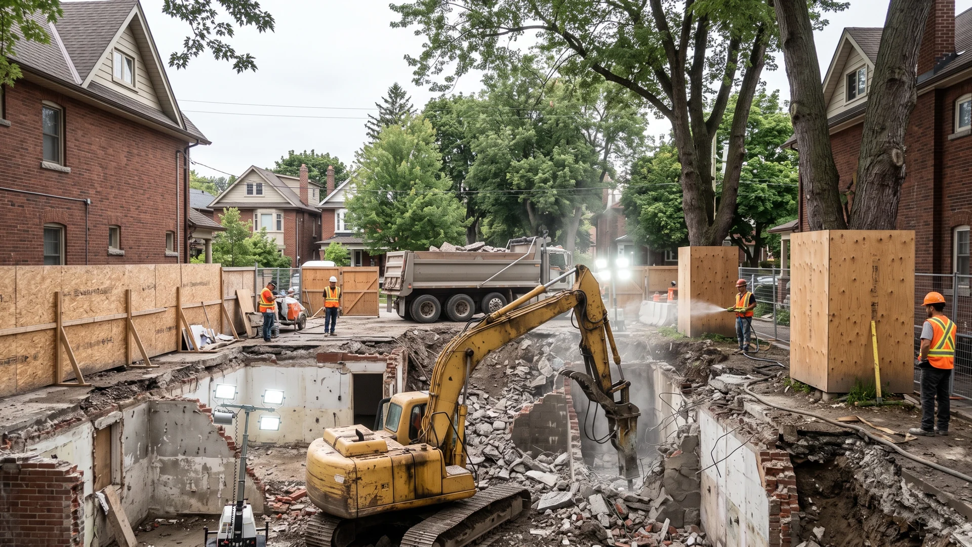 Knock-down rebuild site in Leaside with an excavator breaking out old basement walls