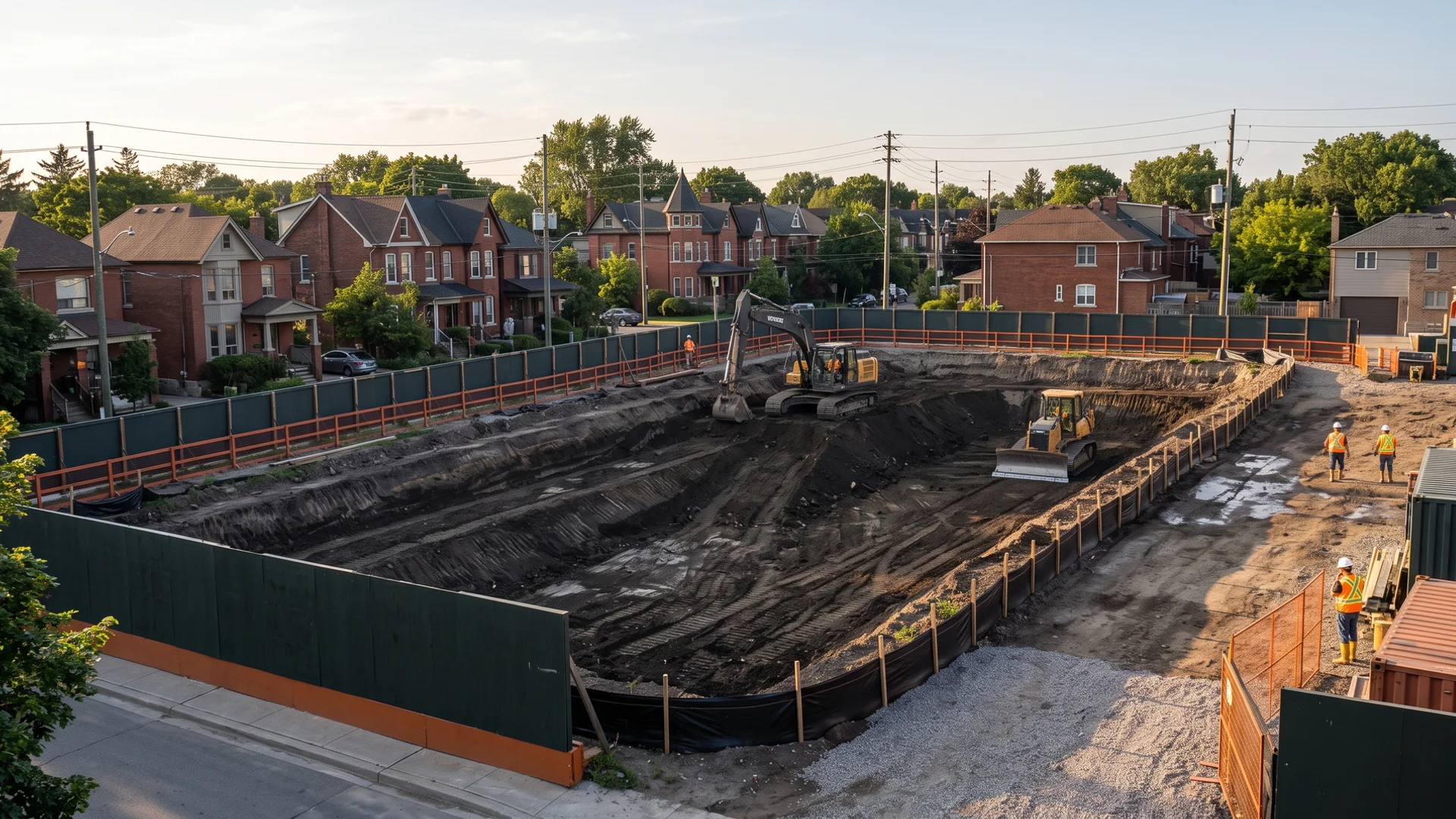 Site preparation in the GTA with an excavator and dozer cutting and filling to engineered grades