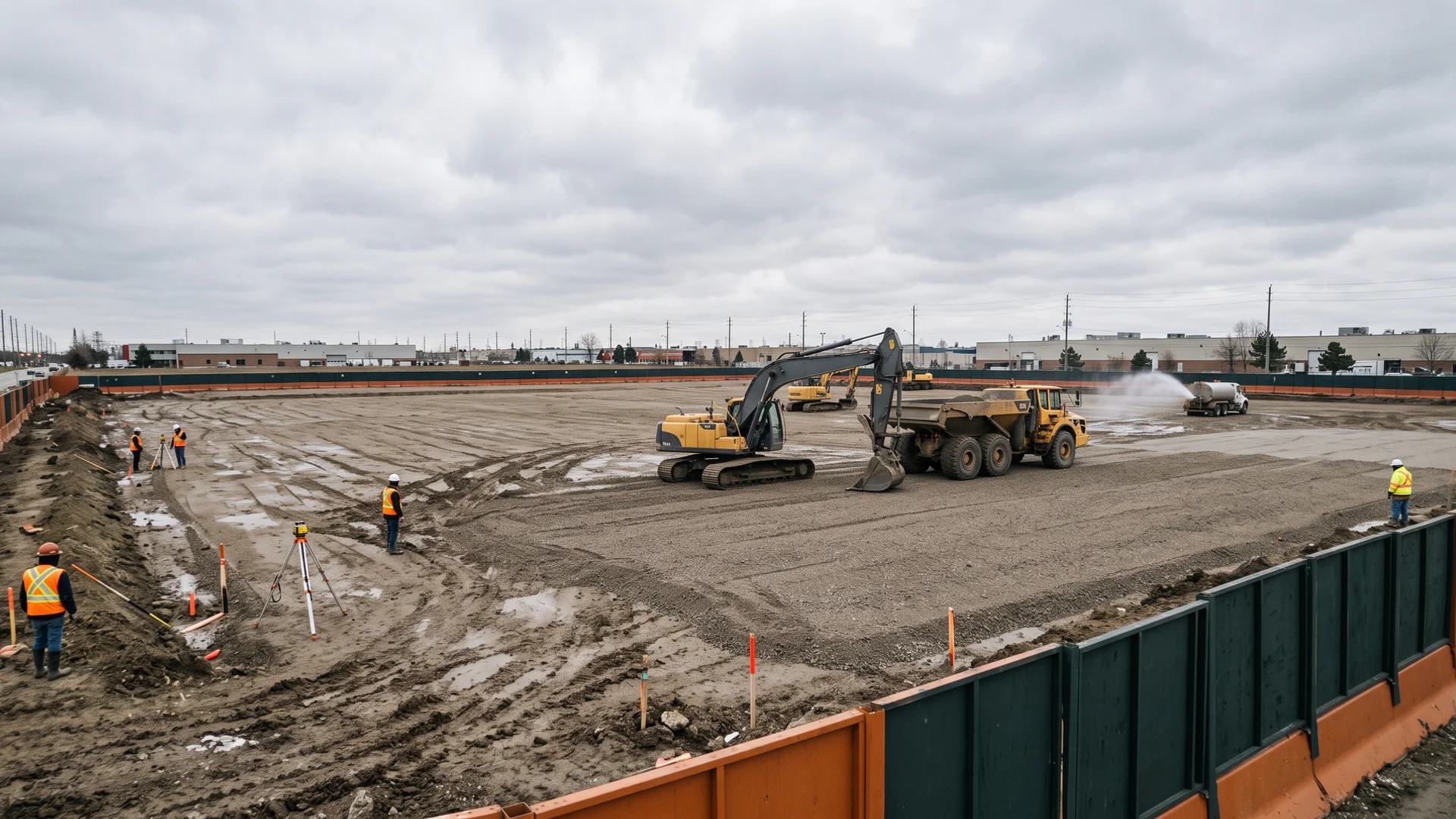 Warehouse pad site prep in the GTA with an excavator and articulated dump trucks spreading granular base