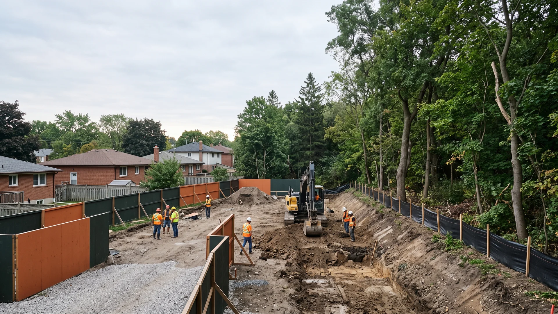 Scarborough lot near a ravine edge with an excavator kept back from the slope