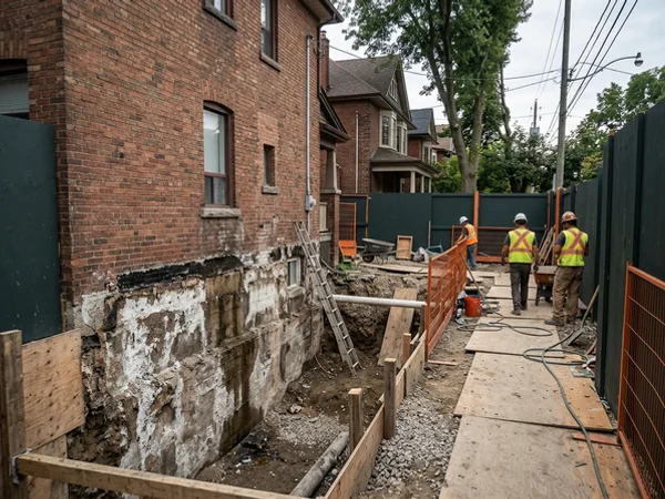 Leaking foundation wall with efflorescence exposed during excavation
