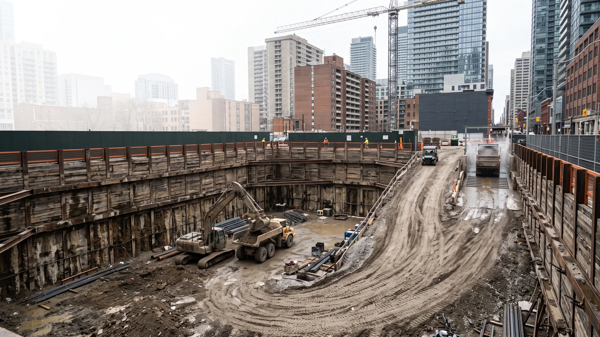 Mid-rise commercial excavation in Toronto with an excavator inside a shored pit loading a dump truck