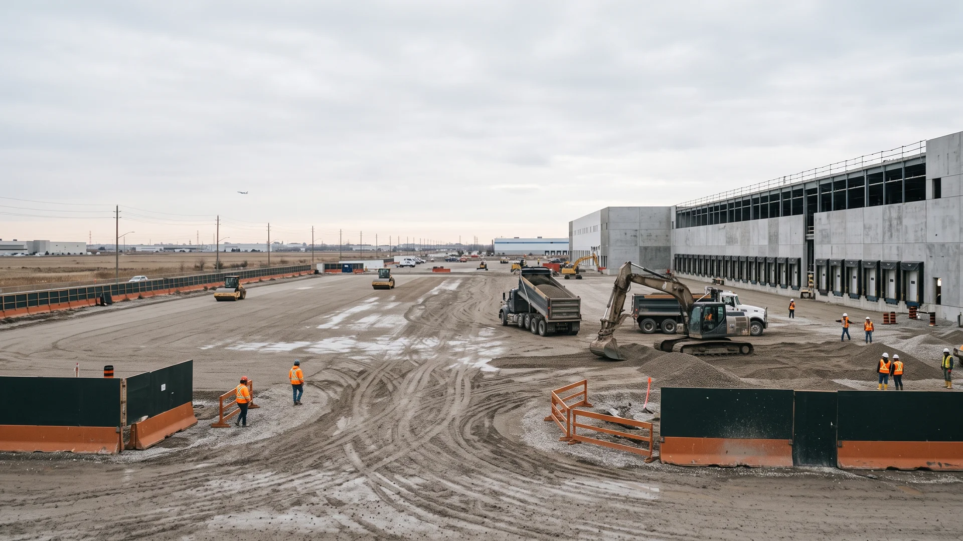 Mississauga industrial park with an excavator and trucks building a warehouse pad
