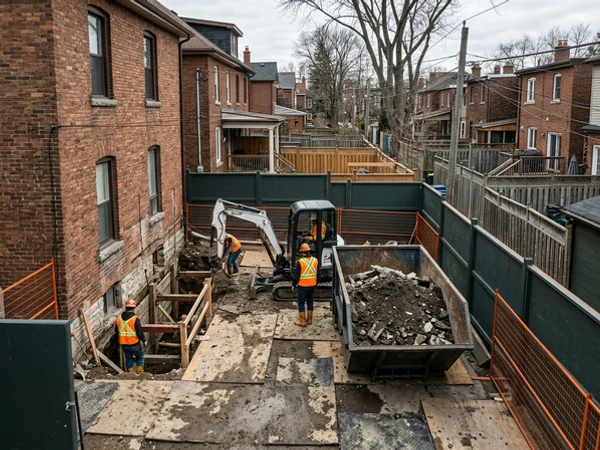 Mini-excavator and soil bin in a narrow Leslieville backyard during underpinning