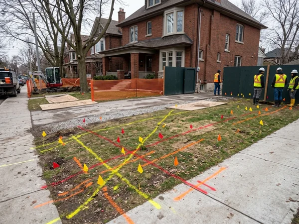Utility locate paint marks and flags on a lawn before excavation