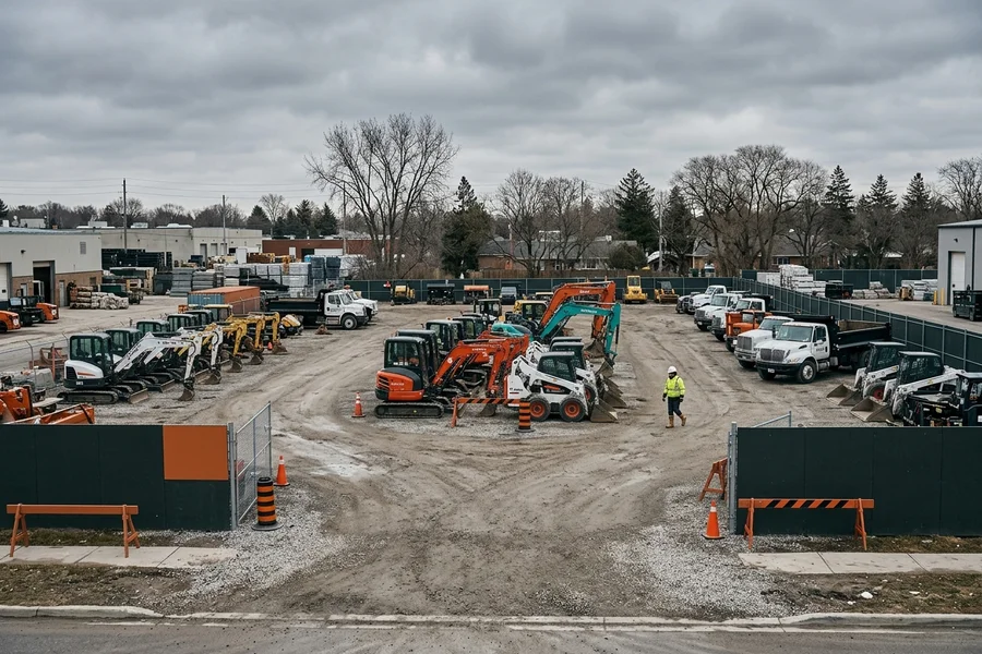 Owned equipment yard with excavators, skid steers and dump trucks