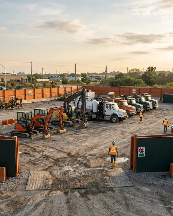 Owned fleet of excavators, hydrovac truck and dump trucks in a GTA equipment yard