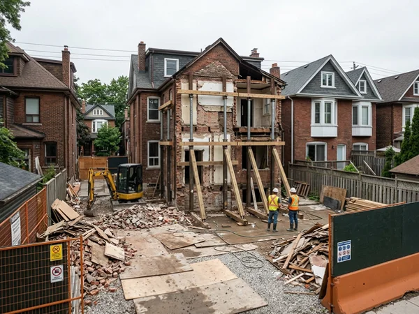 Partial demolition with temporary shoring supporting the remaining wall