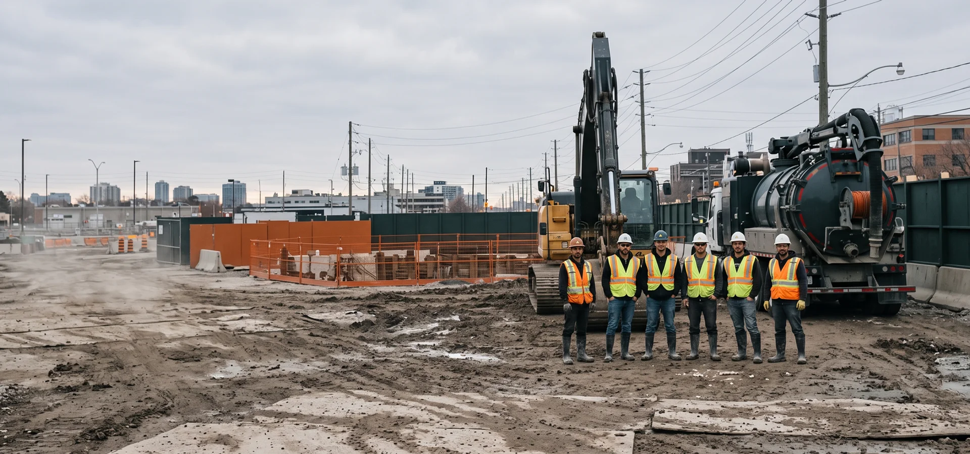 Pro Excavation Toronto crew beside excavators and a hydrovac truck