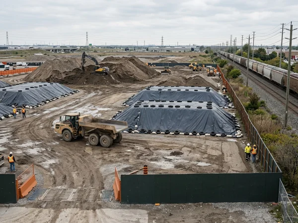 Rail-adjacent earthworks with lined soil stockpiles awaiting testing