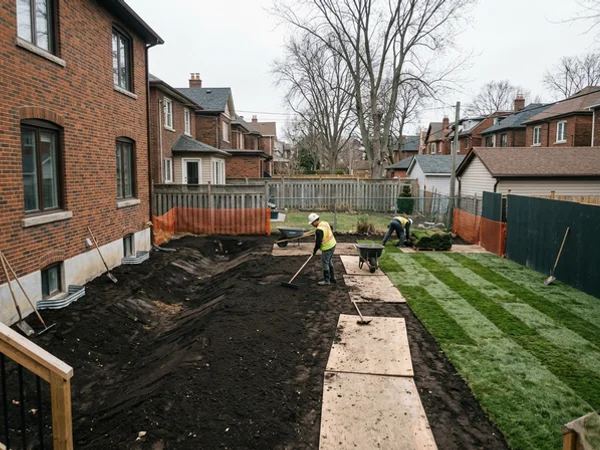 Regraded backyard with a swale directing water away from the house