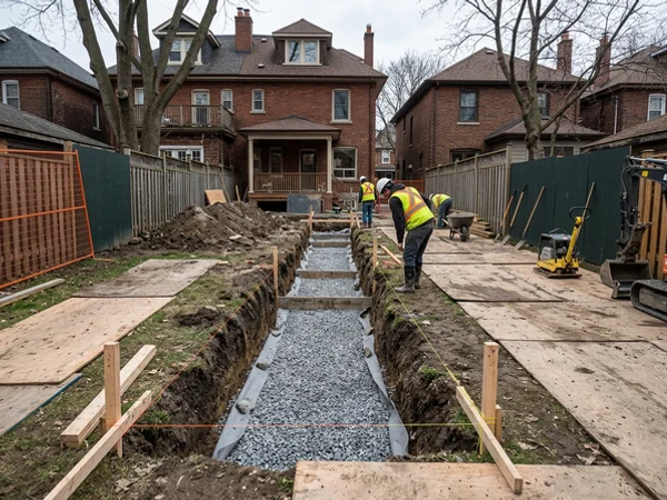 Retaining wall footing trench with drainage stone in a sloped backyard