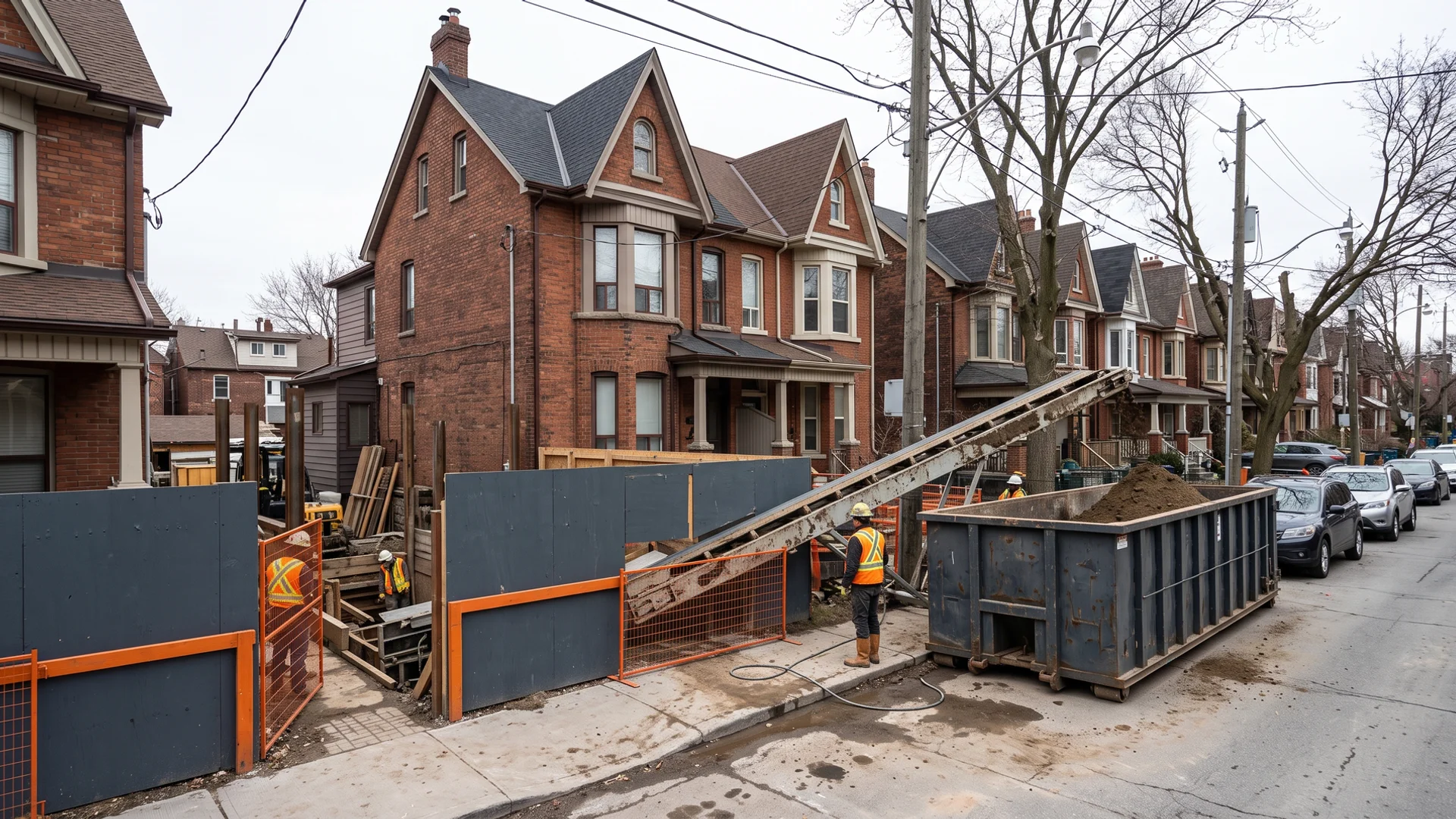 Victorian semis on a downtown Toronto street with a conveyor running to a soil bin