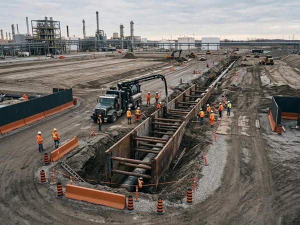 Shored pipe gallery trench through an operating plant yard