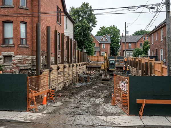 Shoring protecting the neighbour's foundation during a rebuild excavation
