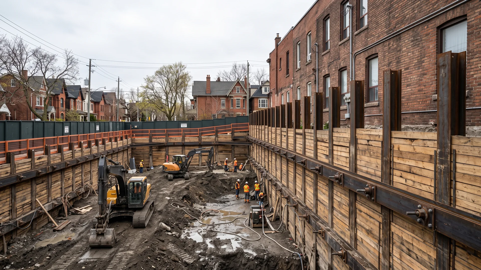 Soldier pile and timber lagging shoring wall beside a neighbouring building in Toronto