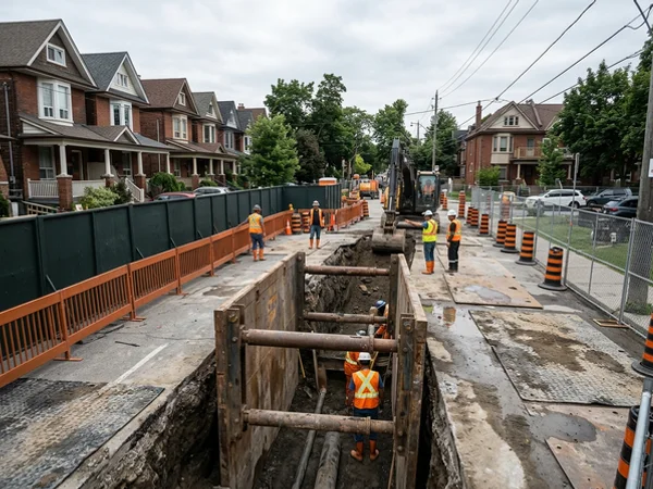 Steel trench box protecting a deep sewer trench
