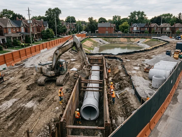 Storm sewer pipe laid toward a stormwater pond