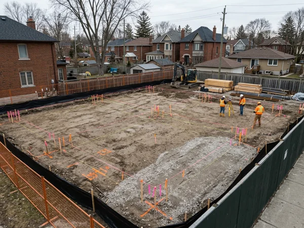 Survey stakes marking a new foundation footprint