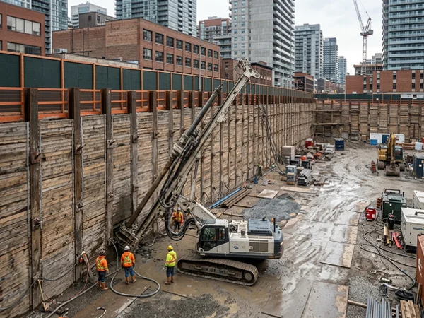 Tieback anchor drilling on a soldier pile and lagging wall