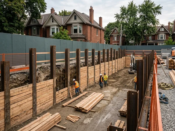 Timber lagging installed between soldier piles as a lift is exposed