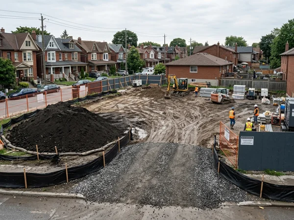 Topsoil stockpile with silt fence and a mud mat entrance