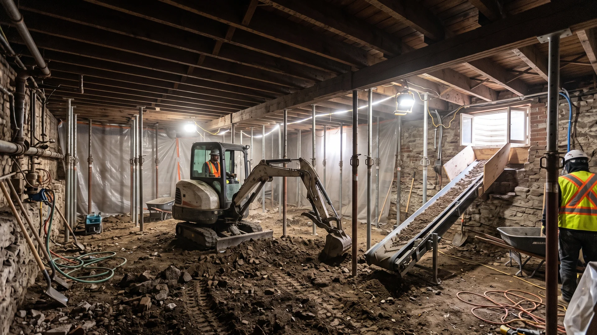 Basement dig-out in progress in a Toronto house with a mini-excavator inside and a conveyor carrying soil out