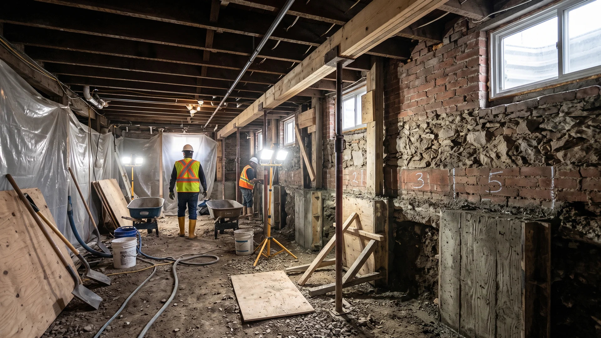 Basement underpinning in progress in a Toronto Victorian semi with concrete pins formed under the old footing