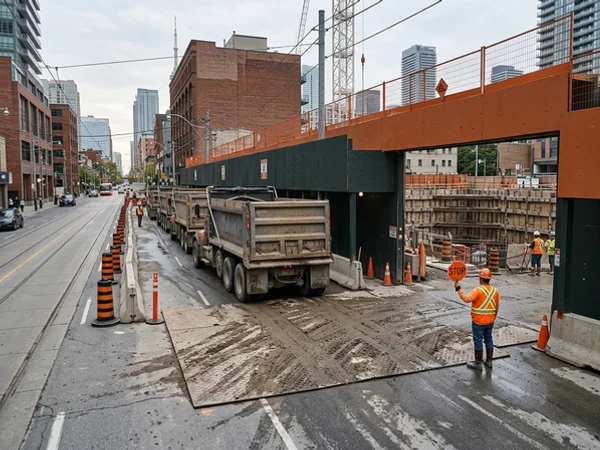 Dump trucks queued at a commercial excavation entrance with a mud mat and traffic control
