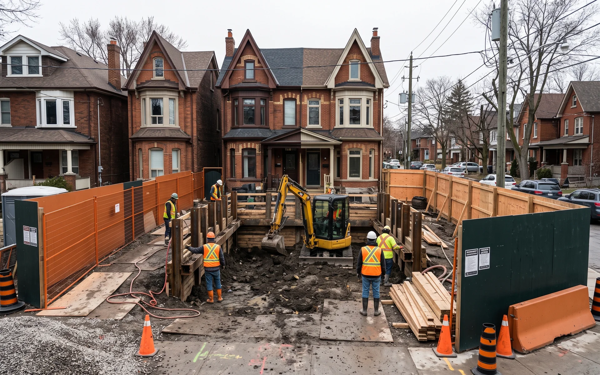 Toronto excavation job site with a mini-excavator between Victorian brick semis