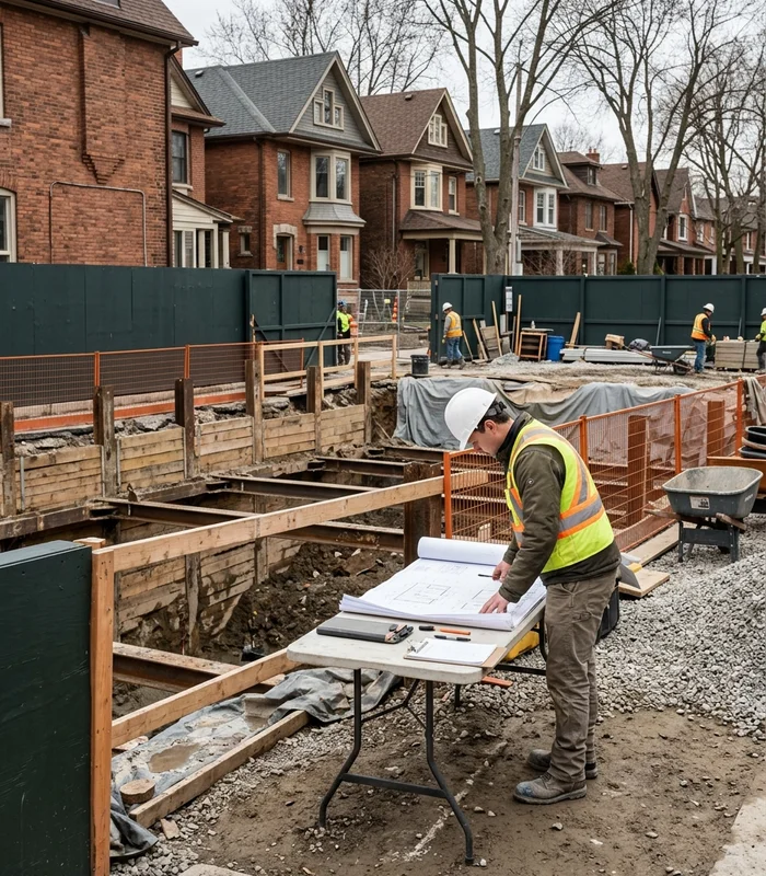 Marko Pavlovic P.Eng reviewing stamped underpinning drawings on a Toronto job site